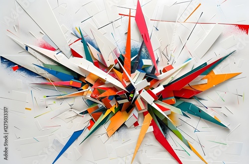 Explosive Asymmetric Color Blocks and Fragmented Lines Intersecting on White Surface