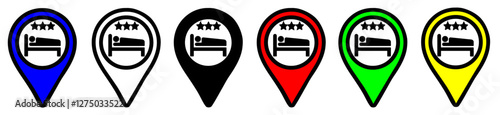 Flat map point icons for hotels, inns and other temporary accommodations, in different colors, location icons set on transparent background. Location symbols or GPS positioning