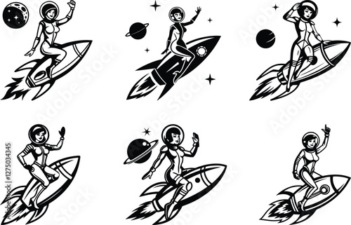 Stylish female astronaut riding a sleek rocket vector illustration set, female astronaut riding a rocket silhouette vector art, female astronaut riding a rocket line art vector
