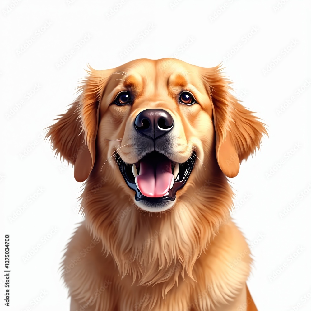 Happy dog portrait illustration. Golden retriever with open mouth tongue out isolated on white background. Beautiful domestic purebred pedigree puppy with brown eyes, fur. Friendly happy pet animal. Happy dog portrait illustration. Golden retriever with open mouth tongue out isolated on white background. Beautiful domestic purebred pedigree puppy with brown eyes, fur. Friendly happy pet animal.