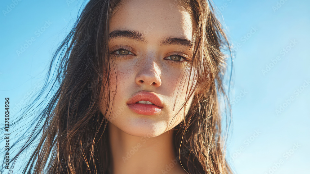 A beautiful young woman with smooth skin and long hair. She wears light makeup, including a light pink lipstick, and her eyes are bright, generative AI A beautiful young woman with smooth skin and long hair. She wears light makeup, including a light pink lipstick, and her eyes are bright, generative AI