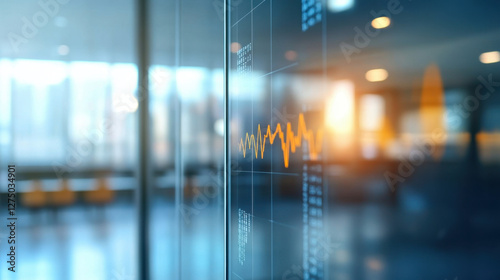 close up of glass wall in modern office showcasing digital waveform display, symbolizing technology and innovation in professional environment