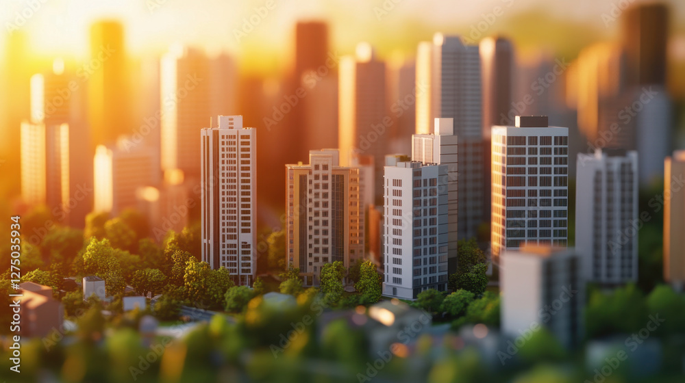 Obraz premium Urban skyline at sunset with modern buildings and greenery