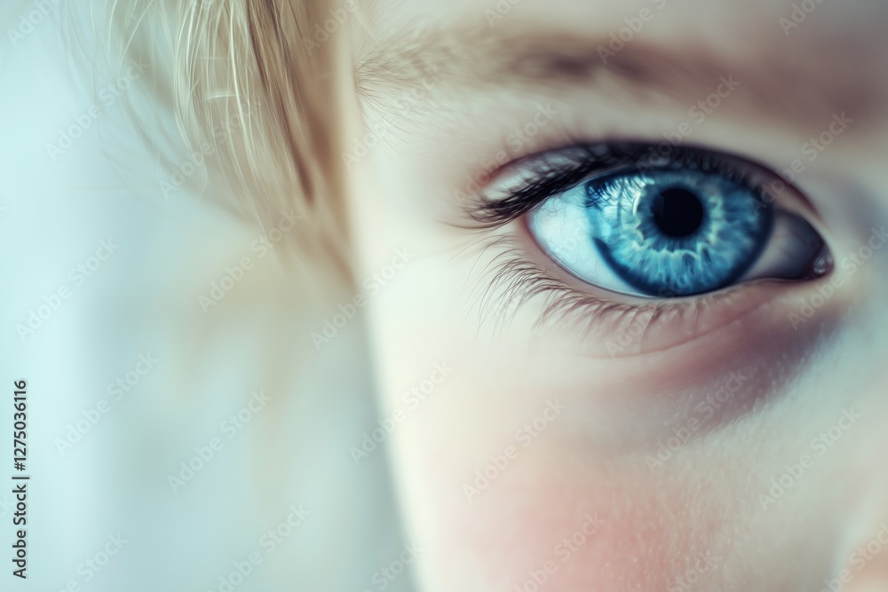 Obraz premium Close-up of a child's eye with striking blue iris and detailed eyelashes, showcasing the beauty and innocence of youth.