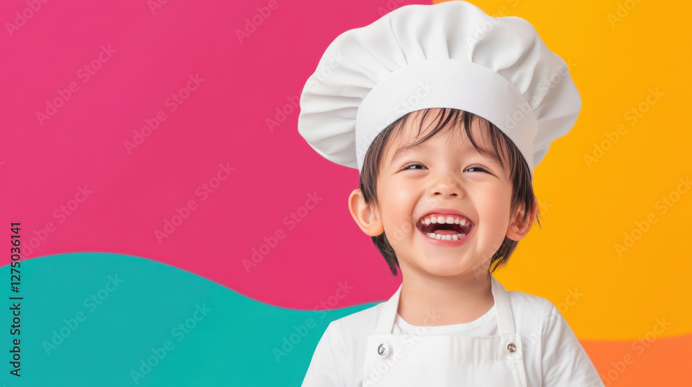 cheerful child wearing chef hat and apron, smiling brightly against colorful background. This joyful expression captures essence of creativity and fun in cooking cheerful child wearing chef hat and apron, smiling brightly against colorful background. This joyful expression captures essence of creativity and fun in cooking