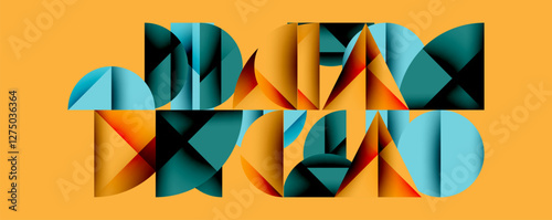 Abstract geometric background with layered gradient shapes forming dynamic patterns. Overlapping semi circles and triangles create depth and contrast