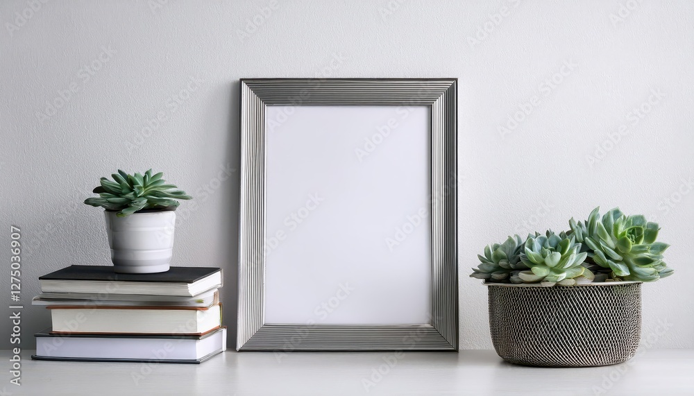 Fototapeta premium Modern Home Interior Poster Mockup Horizontal Metal Frame Showcases Arrangement of Succulents and Stack of Books Amidst a Cozy Ambiance, Perfect for Digital Art, Home Decor, or Design