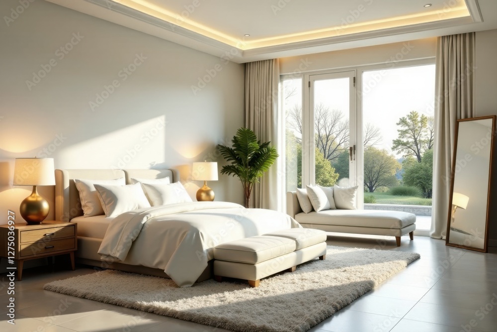 Fototapeta premium Serene Bedroom Interior Design with Natural Light Streaming Through Large Windows, Featuring a Plush Bed, Elegant Ottoman, and Cozy Chaise Lounge