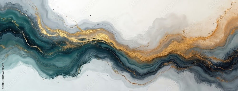 Abstract liquid art illustration with gold veins, wavy pattern. Acrylic paints mix teal, gray, white shades. Contemporary marble art background for poster, card design, banner template wallpaper Abstract liquid art illustration with gold veins, wavy pattern. Acrylic paints mix teal, gray, white shades. Contemporary marble art background for poster, card design, banner template wallpaper