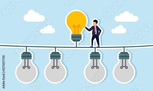 A businessman stands beside a lit lamp among several turned-off lamps, illustration of choosing and deciding to use the right idea and innovation for a company business