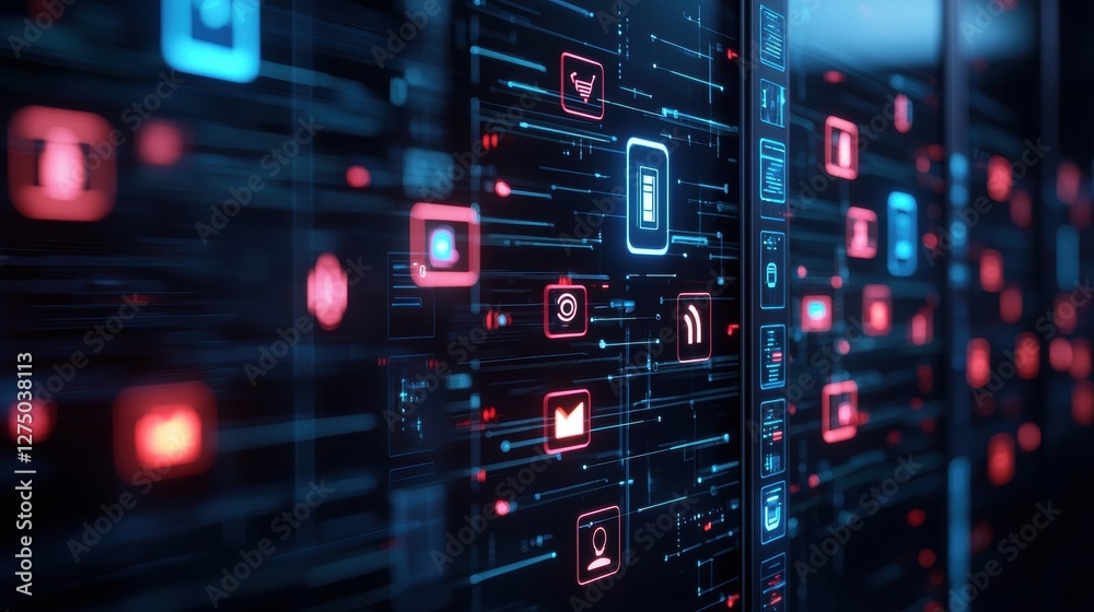 Futuristic digital interface with glowing icons and data streams Futuristic digital interface with glowing icons and data streams
