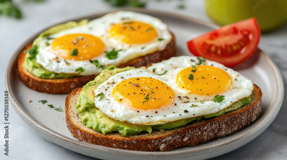Delicious avocado toast topped with sunny side up eggs and herbs Delicious avocado toast topped with sunny side up eggs and herbs
