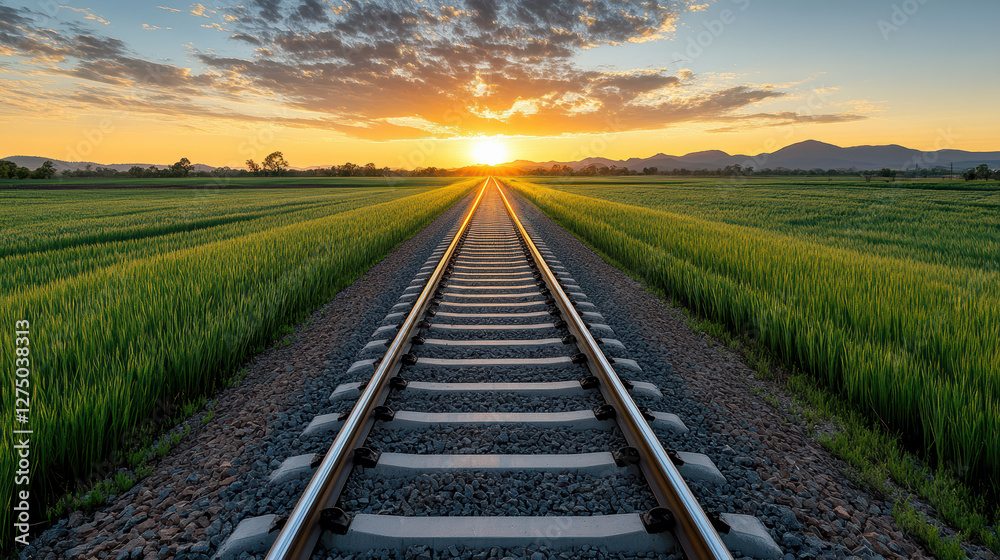 Obraz premium scenic view of railway tracks leading into sunset over green fields