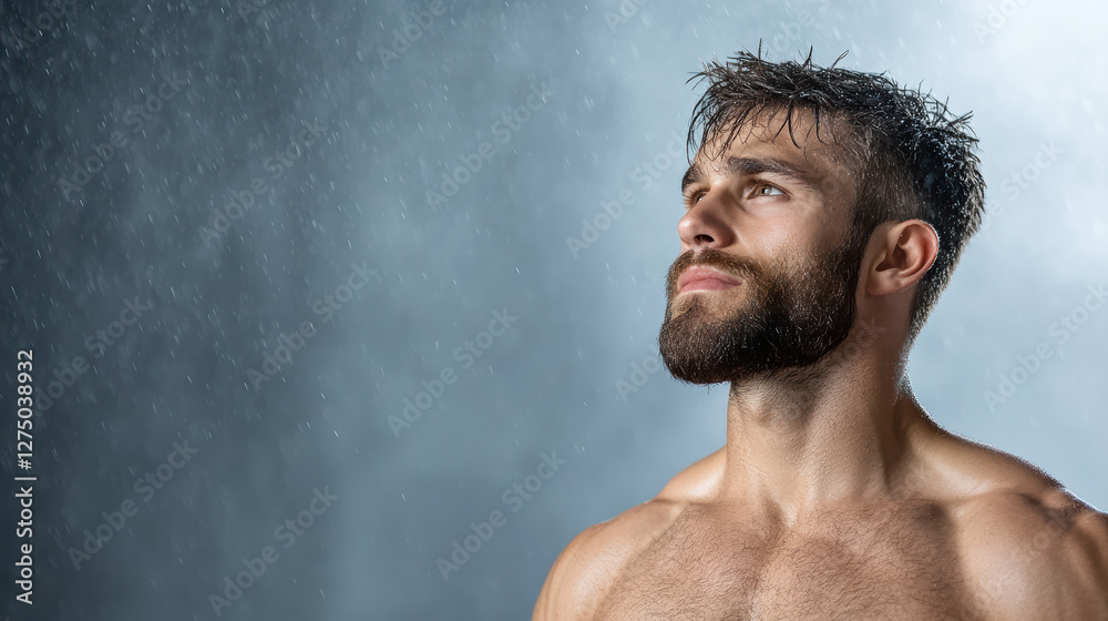 Muscular athlete with beard looking up in rain, showcasing determination Muscular athlete with beard looking up in rain, showcasing determination