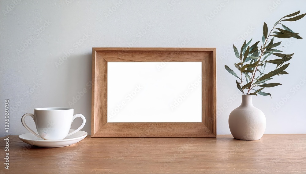 Minimalist Home Office Scene Empty Wooden Frame Mockup Staged with a Cozy Coffee Moment, Exuding Serene Elegance in a Warm Woodland Environment. Minimalist Home Office Scene Empty Wooden Frame Mockup Staged with a Cozy Coffee Moment, Exuding Serene Elegance in a Warm Woodland Environment.