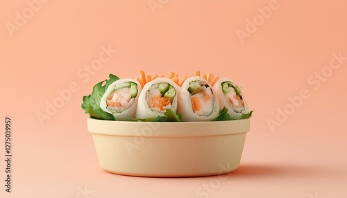 Spring roll with vegetable, and meat on compostable paper bowl eco packaging recycle product photo