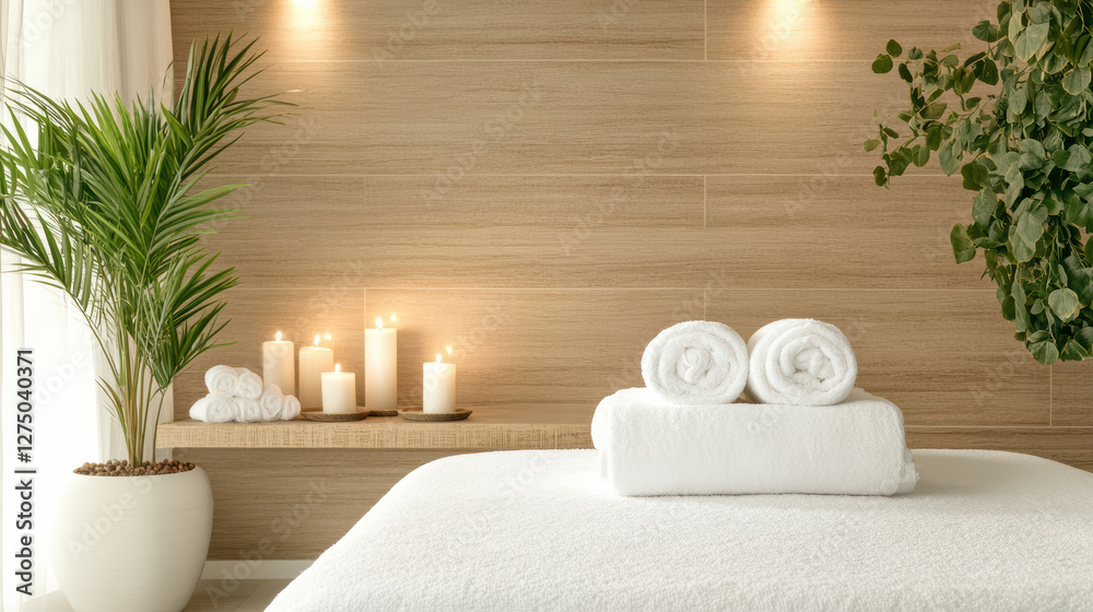 tranquil spa setting with soft lighting, candles, and towels tranquil spa setting with soft lighting, candles, and towels