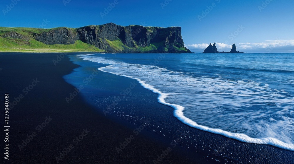 Fototapeta premium Serene black sand beach with dramatic cliffs and ocean waves