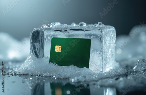 Credit card frozen in ice. Block of melting ice with green bank card. Financial security concept. Metaphor of frozen assets, banking, debt, payment problem. Cold blue background. Investment risk