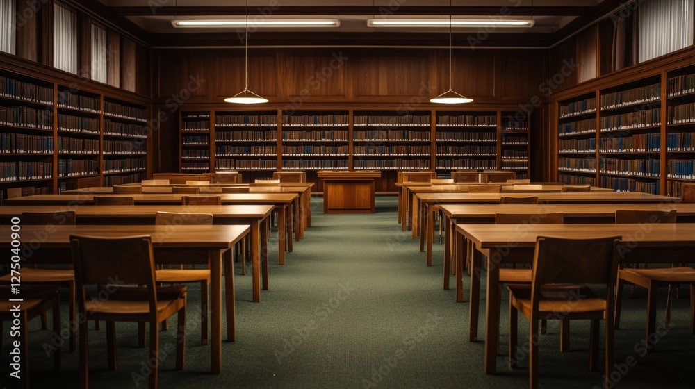 Serene library interior with wooden shelves and tables Serene library interior with wooden shelves and tables