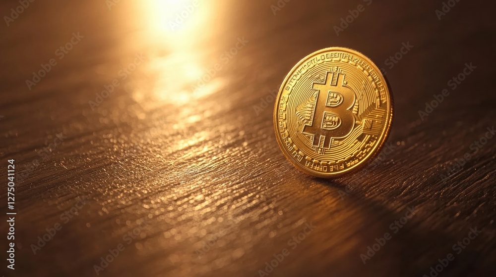 Glimmering Bitcoin on a Wooden Surface Glimmering Bitcoin on a Wooden Surface