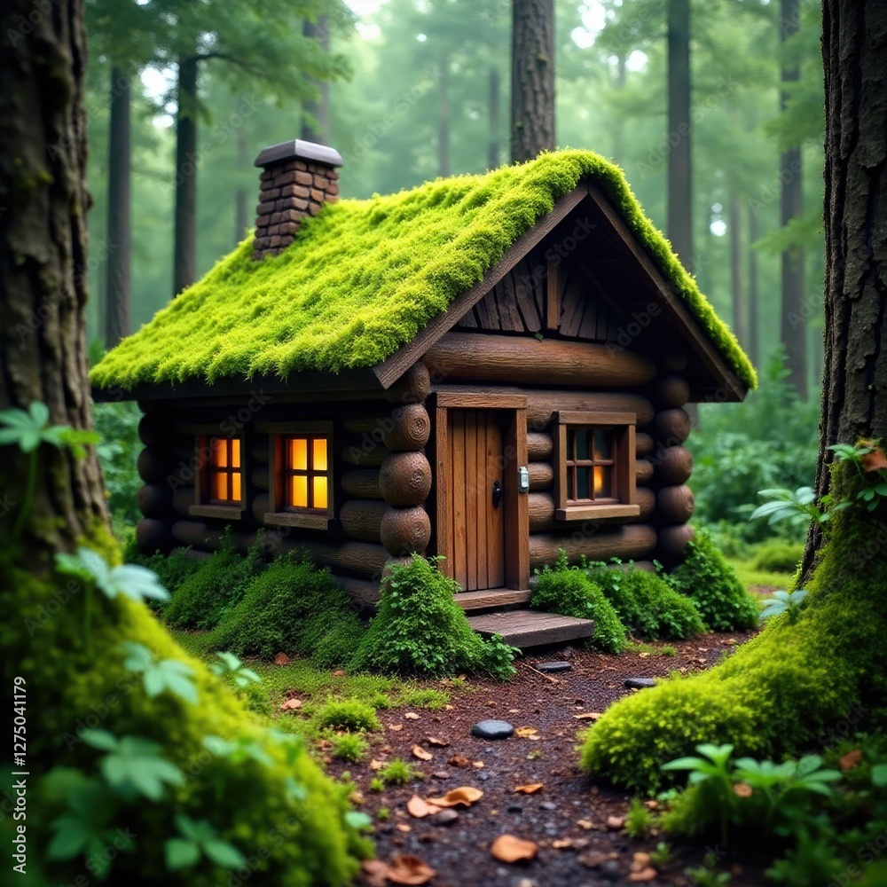 Moss covered wooden beams surround a cozy cabin, trees, rustic, wood Moss covered wooden beams surround a cozy cabin, trees, rustic, wood