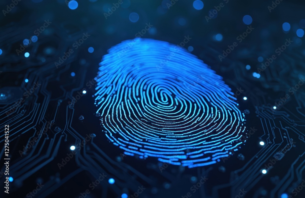 Illustration shows unique blue fingerprint pattern in dark with illuminated light. Security tech, personal identification, privacy themes. Science for digital, cyber surveillance. Biometrics for data Illustration shows unique blue fingerprint pattern in dark with illuminated light. Security tech, personal identification, privacy themes. Science for digital, cyber surveillance. Biometrics for data