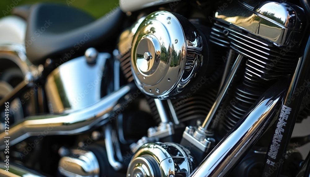 Close-up of black, white chrome motorcycle engine glistening in sun, showcasing custom style, intricate mechanics. Ideal for classic American chopper enthusiasts, it captures engine power and beauty. Close-up of black, white chrome motorcycle engine glistening in sun, showcasing custom style, intricate mechanics. Ideal for classic American chopper enthusiasts, it captures engine power and beauty.