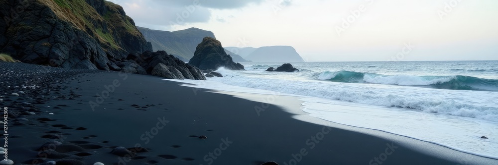 vast expanse of dark shoreline with embedded gray rocks, dark sand, vast shoreline vast expanse of dark shoreline with embedded gray rocks, dark sand, vast shoreline