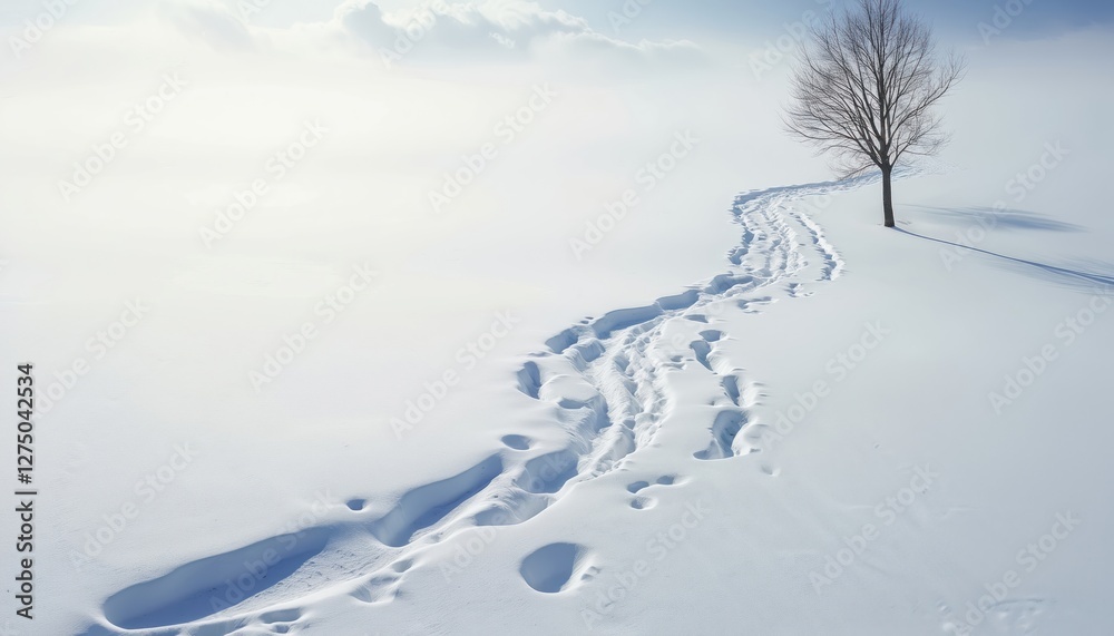 custom made wallpaper toronto digitalFootprints trail across snow field leads to bare tree. Winter landscape with animal tracks marks path in white snowy nature. Minimalist view with sky, clouds background.