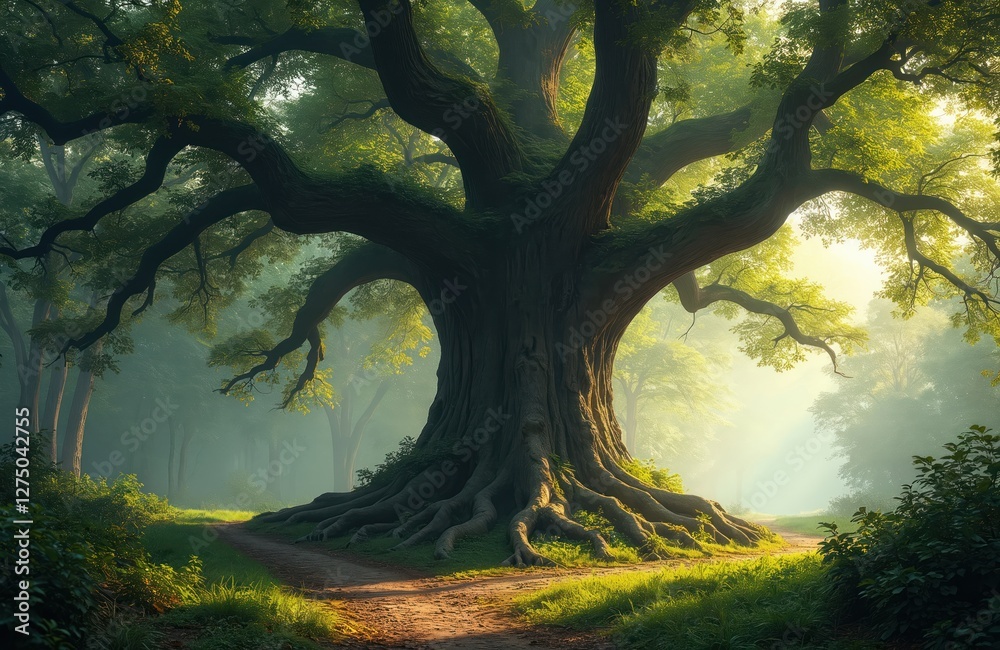 Fototapeta premium Majestic old oak tree with towering roots, trunk, branches. Green plants in forest, park. Sunlight shines through leaves. Mystical, fantasy, fairytale nature concept. Ancient, majestic landscape for