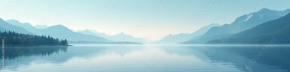 Wide panoramic banner with calm lake, mountains reflections on water in blue haze. Tranquil nature scene for contemplation, meditation website header. Serene landscape illustration. Calming rhythm Wide panoramic banner with calm lake, mountains reflections on water in blue haze. Tranquil nature scene for contemplation, meditation website header. Serene landscape illustration. Calming rhythm