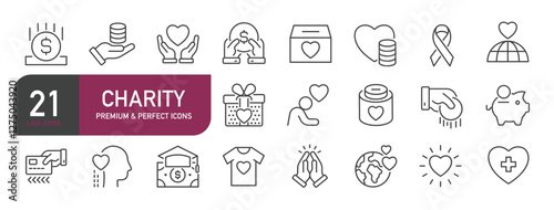 Set of line icons related to charity, donation, care. Outline icons collection. Editable stroke. Vector illustration.