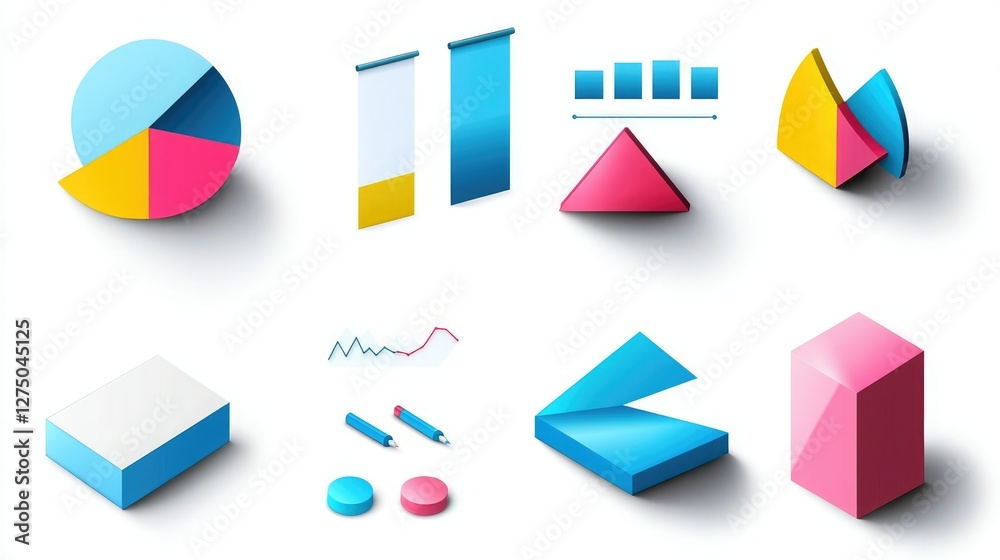 Modern geometric shapes in vibrant colors, representing data visualization tools like graphs and charts. Modern geometric shapes in vibrant colors, representing data visualization tools like graphs and charts.