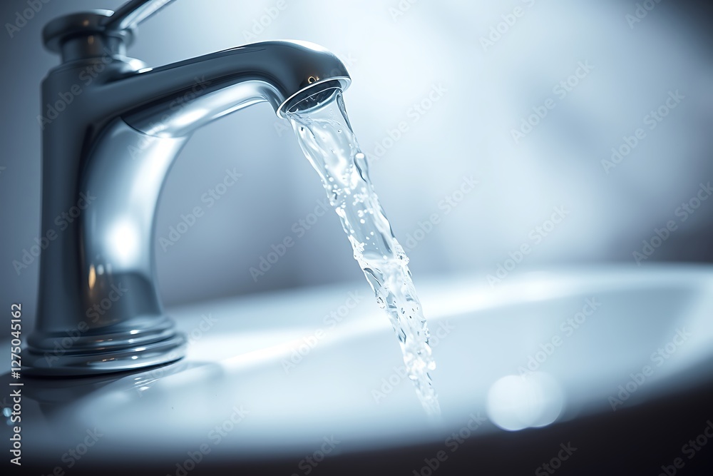 polished chrome faucet elegantly dispensing clear water into a pristine sink polished chrome faucet elegantly dispensing clear water into a pristine sink