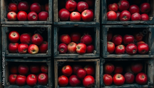 Fresh apples in wooden crates, market display