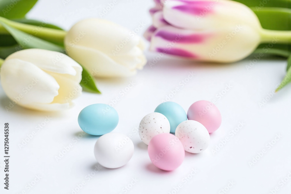 Small pastel colored Easter eggs with white tulips on white Small pastel colored Easter eggs with white tulips on white