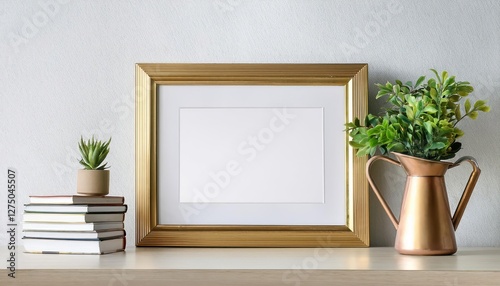 Golden Metal Frame with Jug and Green Plaque Arrangement Elegant Horizontal Mockup Staged on a Table in a Tranquil Interior Setting, Showcasing a Timeless Charm with Minimalist Elegance