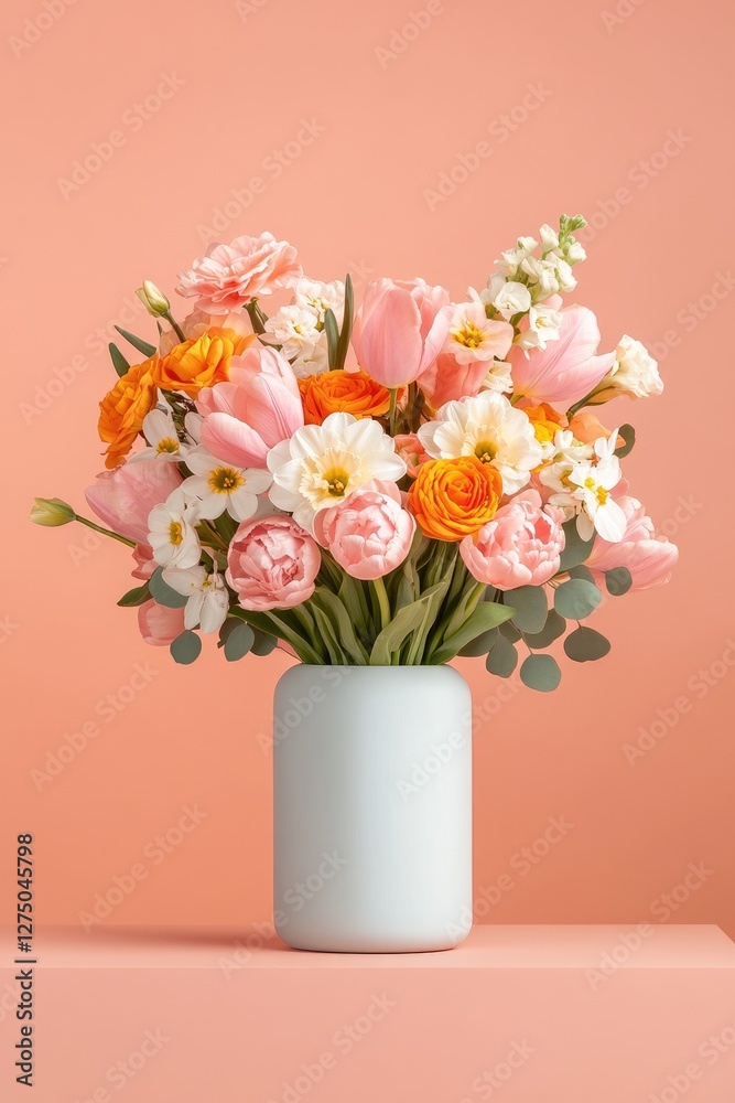 Fototapeta premium Bright Floral Arrangement in a Modern Vase Against a Pastel Coral Background