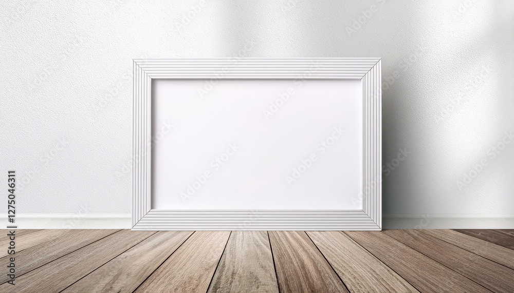 Minimalist 3D Artistry Striking White Frame against a Wooden Floor and White Wall, Showcasing an Illustrative Masterpiece in Monochrome, Evoking Elegance and Intrigue. Minimalist 3D Artistry Striking White Frame against a Wooden Floor and White Wall, Showcasing an Illustrative Masterpiece in Monochrome, Evoking Elegance and Intrigue.