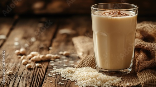 Creamy rice smoothie in glass on rustic wooden table with rice and chickpeas photo