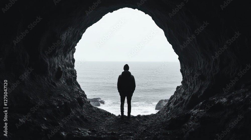 Fototapeta premium Solitude by the Sea: A Man's Silhouette Emerging from a Cave, Gazing at the Ocean's Vastness