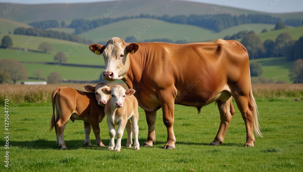 A warm portrait of Irish cow family bonds on a serene countryside A warm portrait of Irish cow family bonds on a serene countryside
