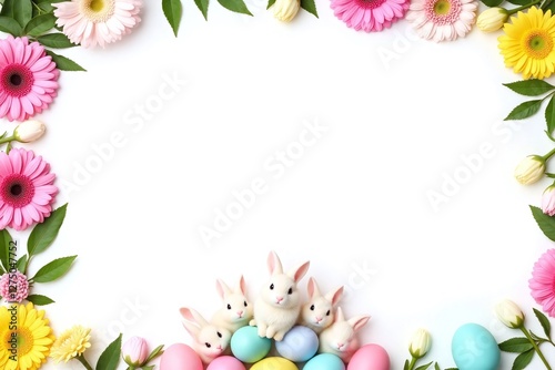 Easter themed border with daisies flowers rabbits Easter eggs photo