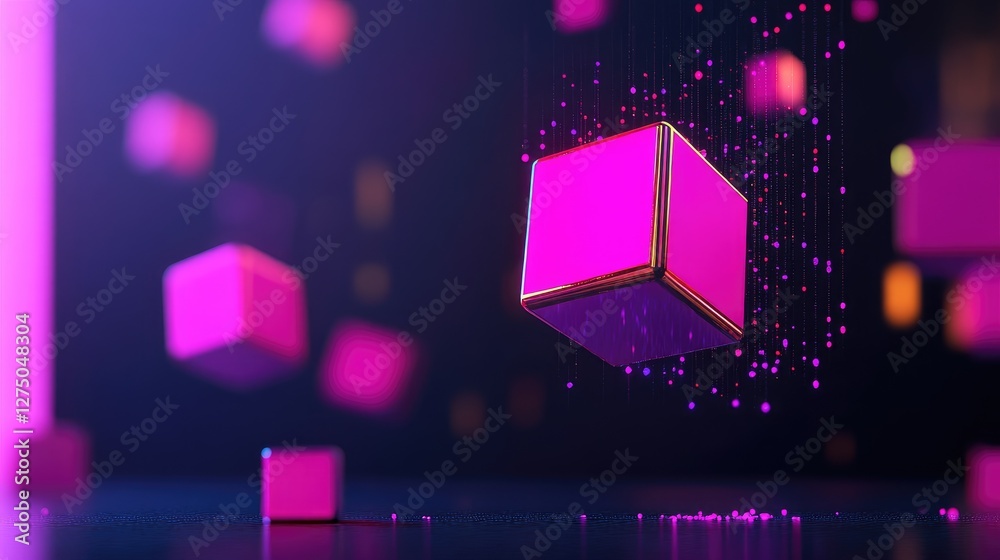 Futuristic Floating Neon Cubes with Digital Abstract Background Futuristic Floating Neon Cubes with Digital Abstract Background