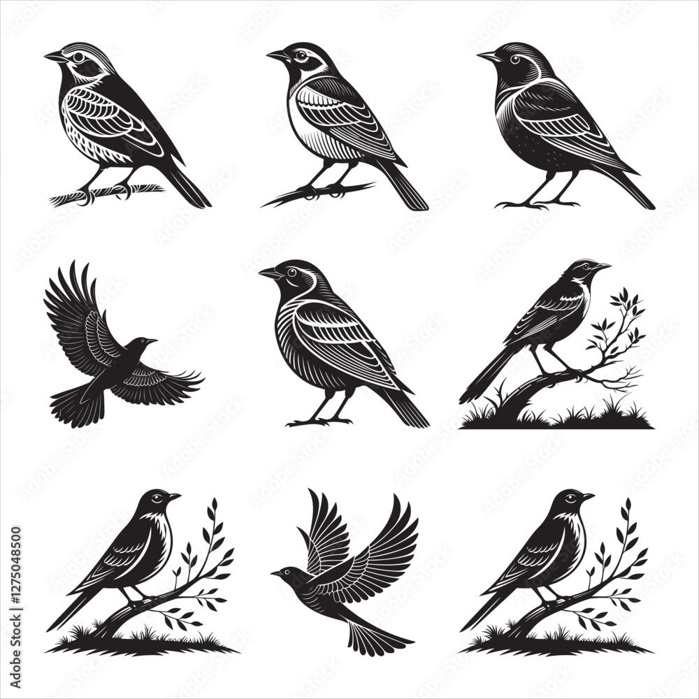 Fototapeta premium Black Bird Silhouettes Set - Vector Illustration of Birds on Branches and Standing