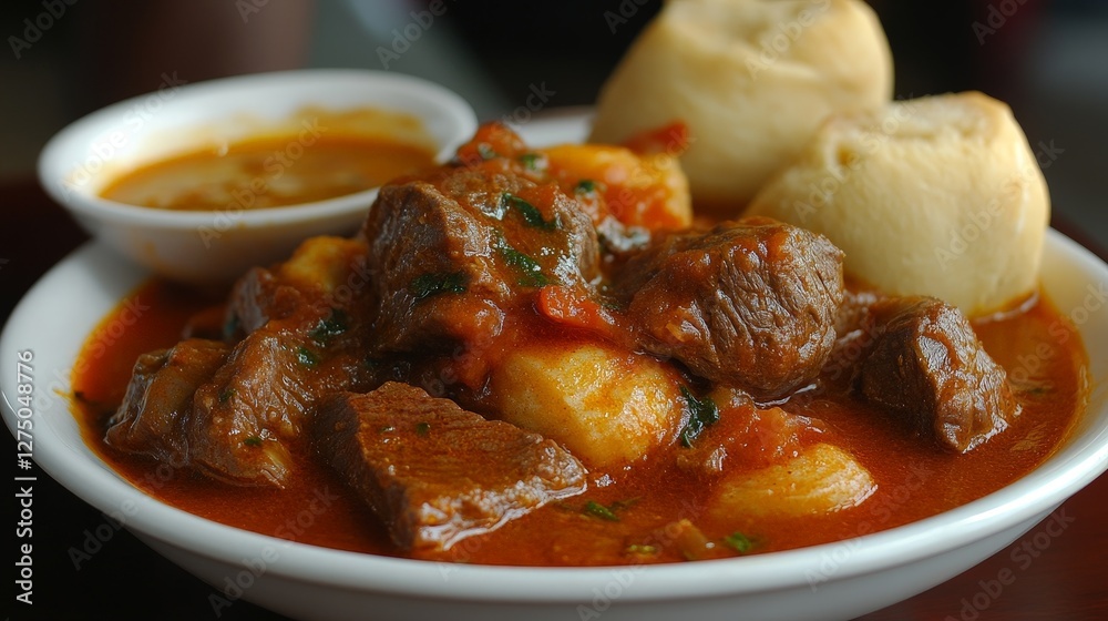 A delicious plate of meat stew served with dumplings and a side of sauce. A delicious plate of meat stew served with dumplings and a side of sauce.