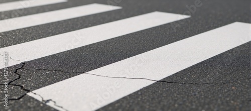 Close-up view of freshly marked pedestrian crossings with grey asphalt textures and contrasting white lines set against a cracked asphalt backdrop photo