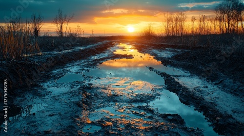 Close-up of an oil puddle texture with reflective brown, black, and gold shades. The smooth, glossy surface showcases the natural flow and spill of oil on different surfaces.