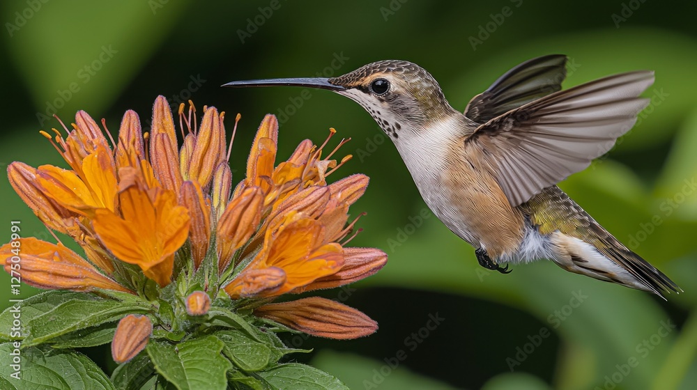 Fototapeta premium Hummingbird Feeding on Vibrant Orange Flower in Flight